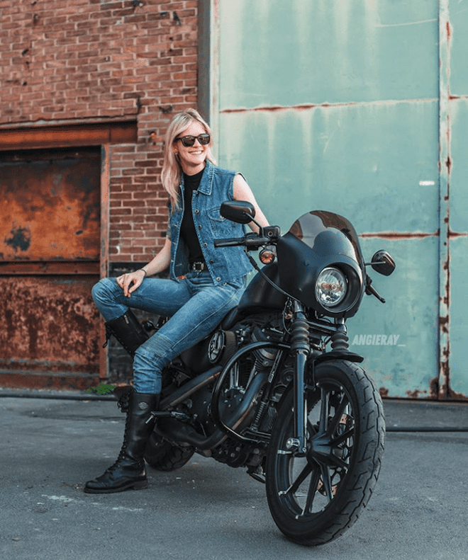 Angie sitting on Harley Davidson Sportster 883R