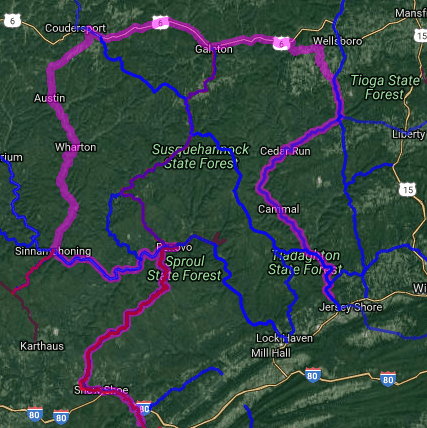 Best biker roads in Pennsylvania - Milesburg - Renovo - Austin - Galeton - Wellsboro - Ramsey - Jersey Shore