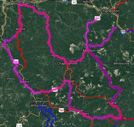 Best motorcycle route in West Virginia - Louisa - Huntington - Charleston - Pineville 