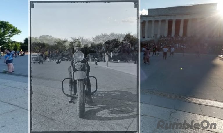 A then-and-now photo showing where Sally Robin posed with her motorcycle in front of the Lincoln Memorial, 1937.